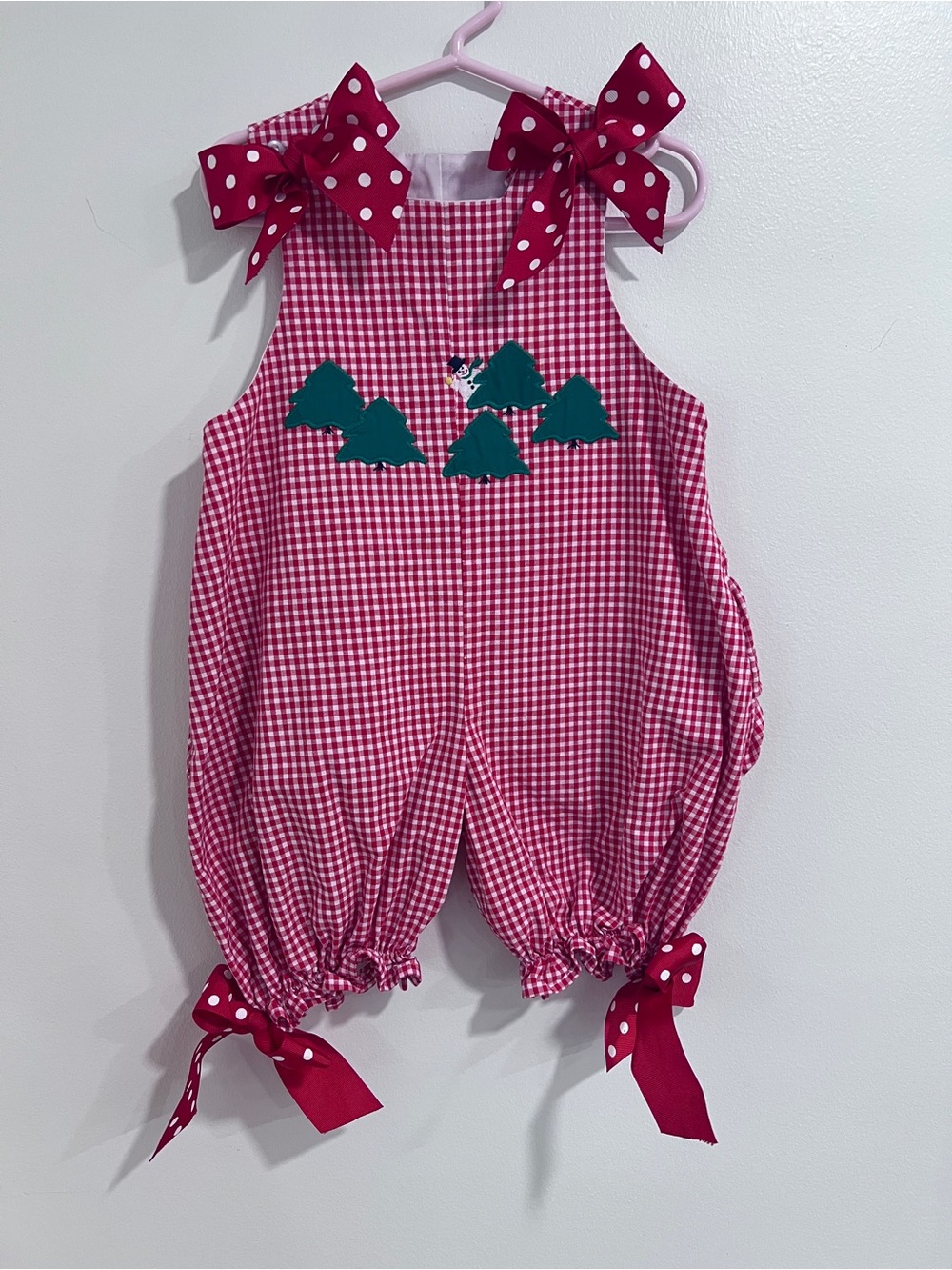 The Bailey Boys Red Gingham Holiday Bubble Romper with Polka Dot Bow Straps 18M